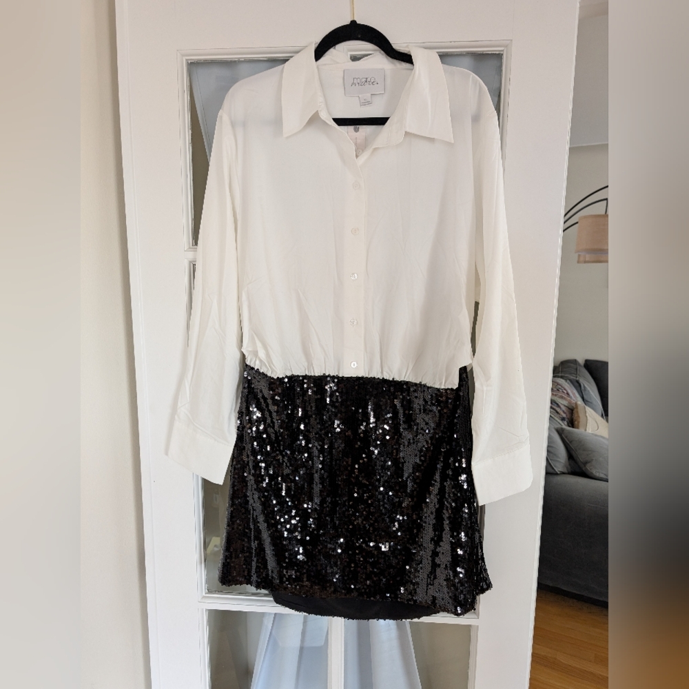 White and Black Sequin Dress Shirt